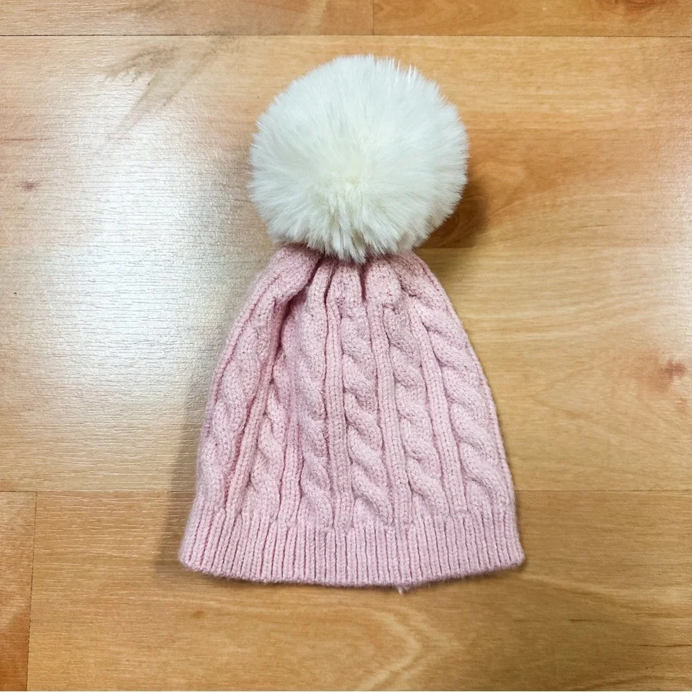 Laura Ashley Pink & White Fuzzy Newborn Pom Beanie Winter Hat Size 0-6M